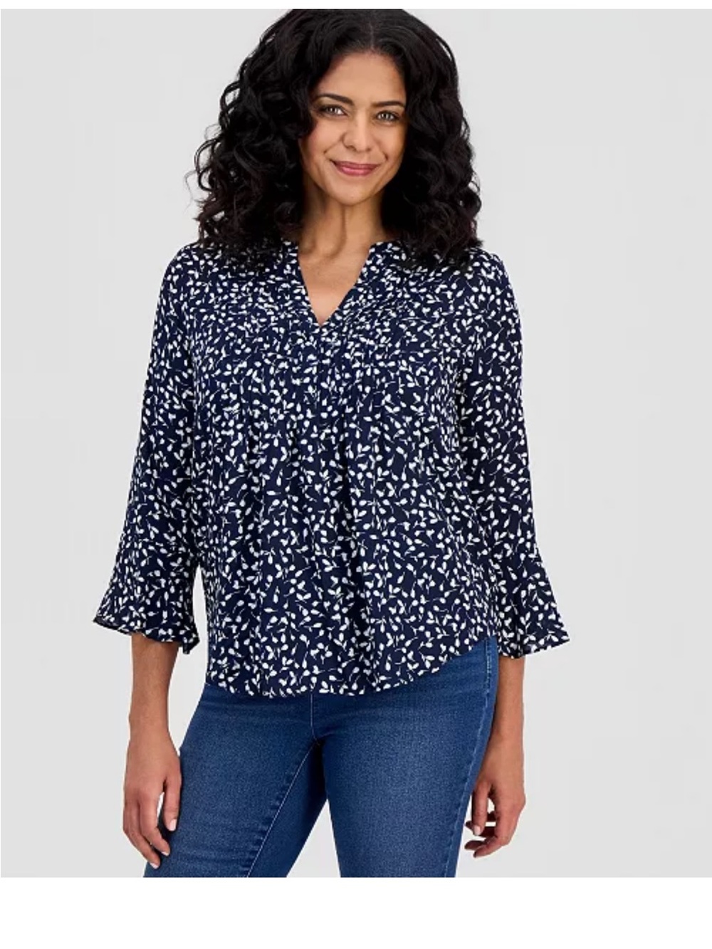 Style & Co. Navy and White Printed V-Neck Peasant Blouse